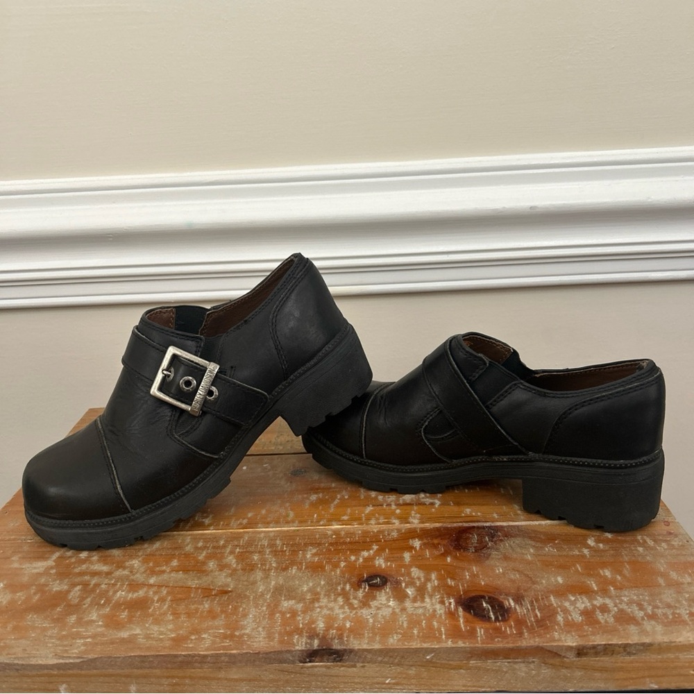 Harley Davidson Clogs Womens Size 7 Black Leather Slip On Shoes Biker Platform - Picture 6 of 13
